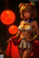 A woman in a sailor outfit standing in front of a red moon.