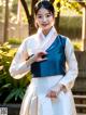 A woman in a blue and white hanbok poses for a picture.